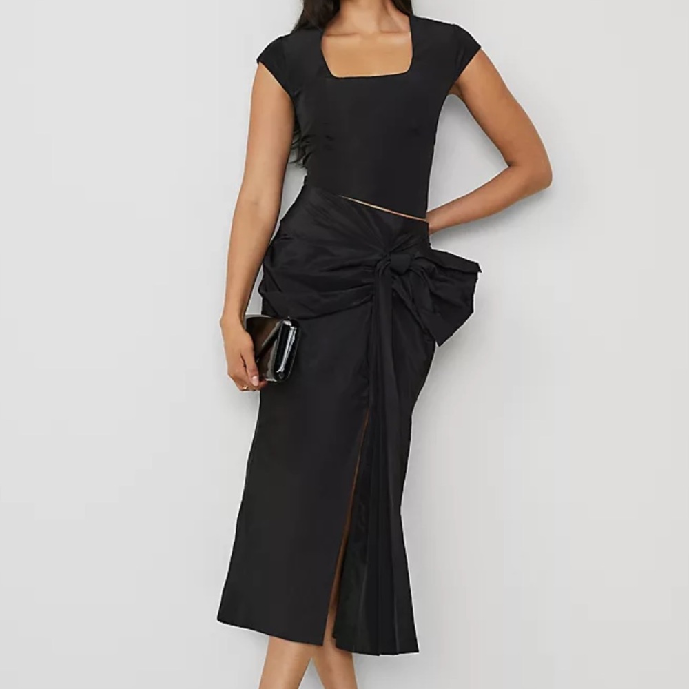 Petite Draped-Bow Taffeta Column Midi Skirt